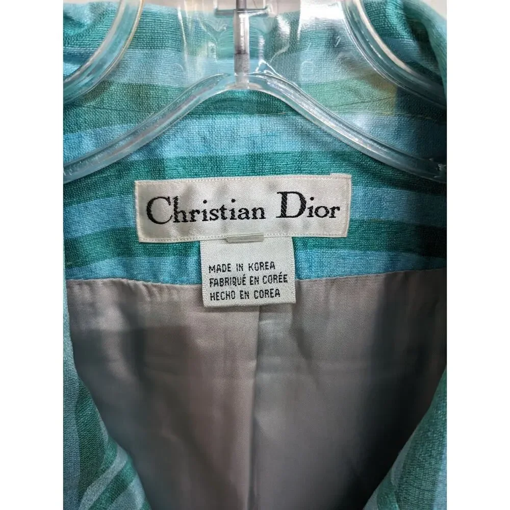 Vintage Christian Dior Women's Silk Jacket Teal Blue Striped 100% Silk Size 16